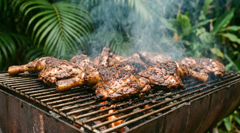 Whole jerk chicken cooking over smoking pimento wood in Jamaica at a roadside jerk stand