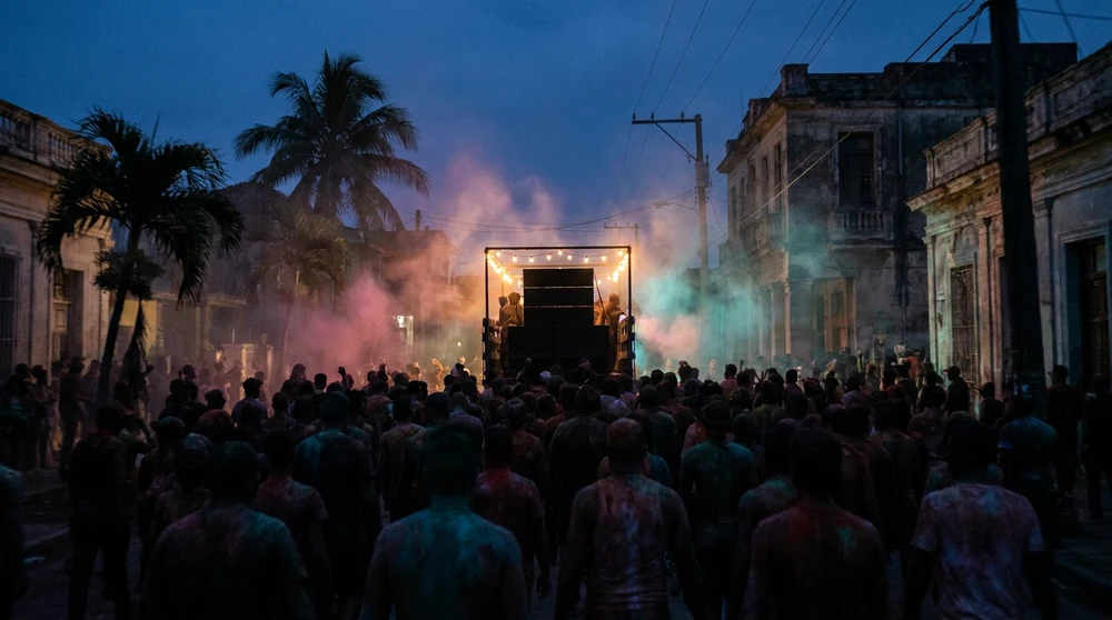 J'ouvert revellers seen from behind moving through a powder-clouded street before sunrise.