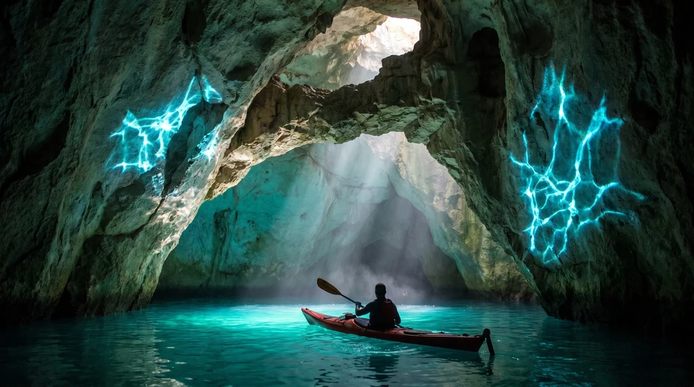 Kajakfahrer paddelt in eine leuchtend türkisfarbene Meereshöhle, durch deren Unterwasseröffnungen Sonnenlicht fällt
