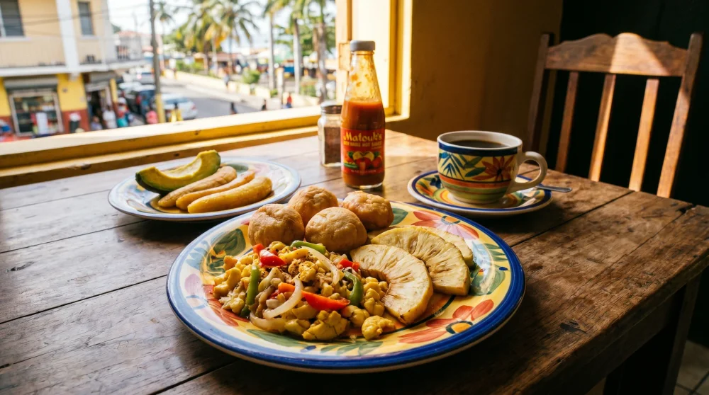 Traditional Jamaican breakfast of ackee and saltfish with fried dumplings and breadfruit at a local Kingston restaurant