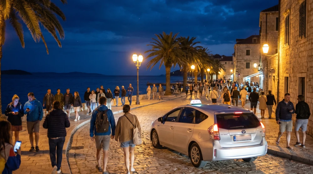 Festivalbesucher gehen nachts eine gesperrte Küstenstraße entlang zu einem wartenden Ride-Hailing-Abholpunkt in Malta