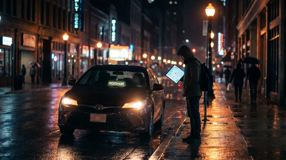 Ein Reisender überprüft eine Handy-App neben einem wartenden Rideshare-Auto auf einer glänzenden nächtlichen Stadtstraße.