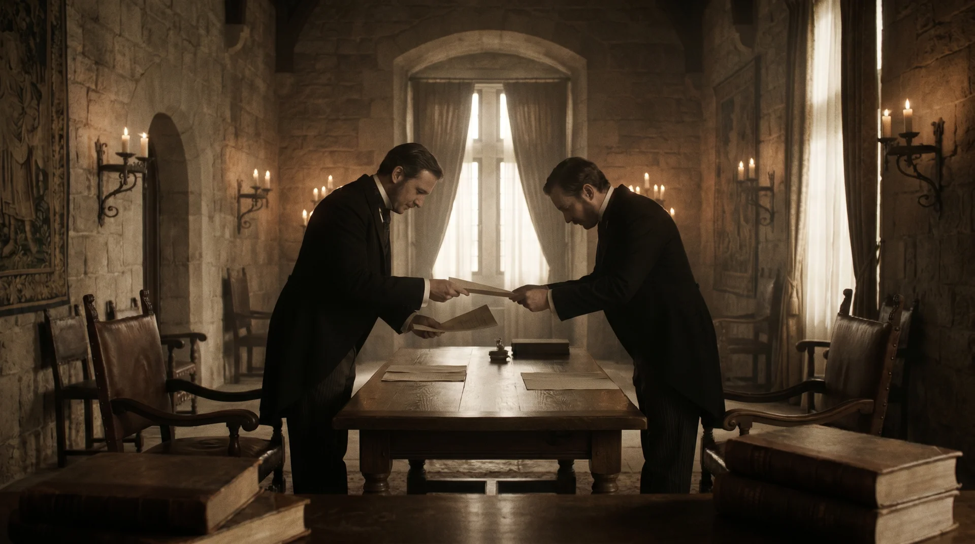 Historical scene of officials signing a formal diplomatic treaty at a ceremonial table in a grand hall
