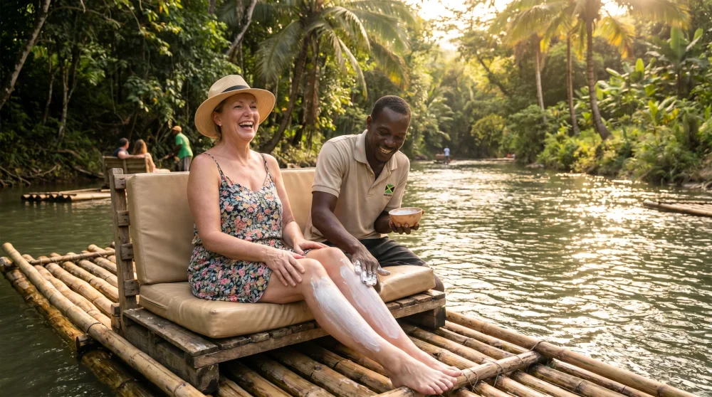 A tourist receiving a limestone massage from a raft captain on the Lethe River in Jamaica