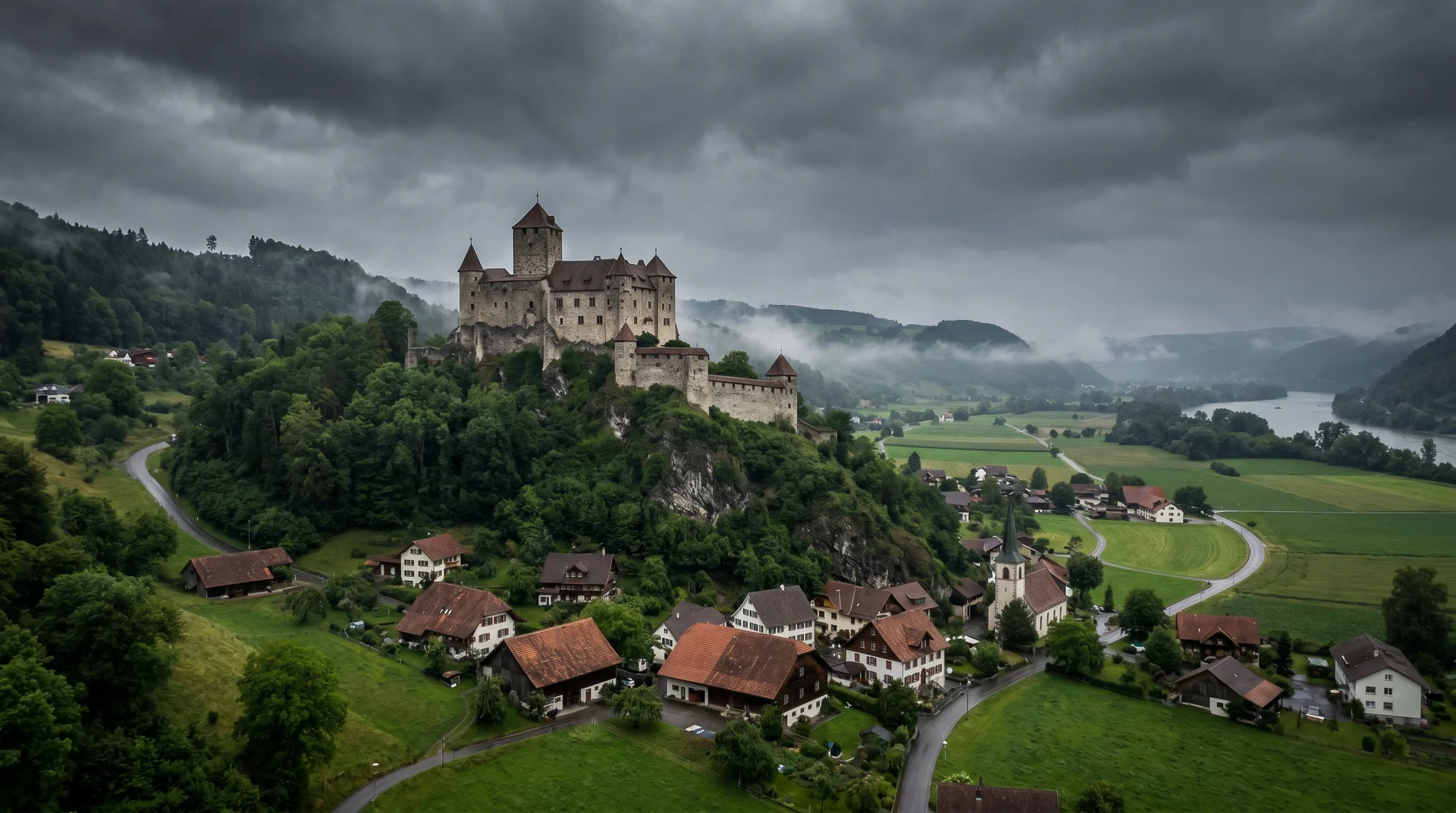 Burg Gutenberg auf einem Hügel in Balzers mit dem Rheintal darum