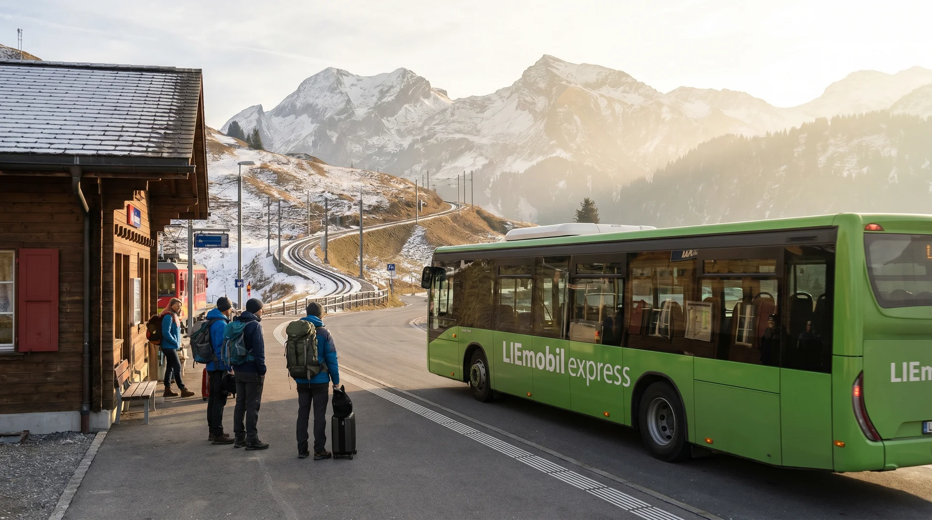 Neongrüner LIEmobil-Bus am Bahnhof Sargans mit Schweizer Alpen im Hintergrund