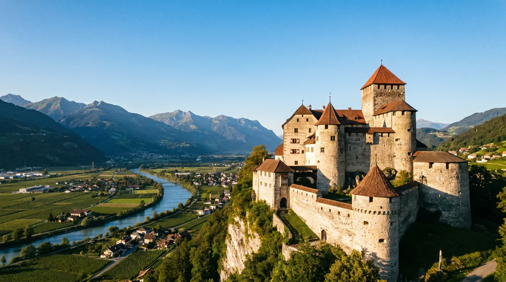 Schloss Vaduz auf einem Felsrücken über Vaduz mit dem Rheintal dahinter