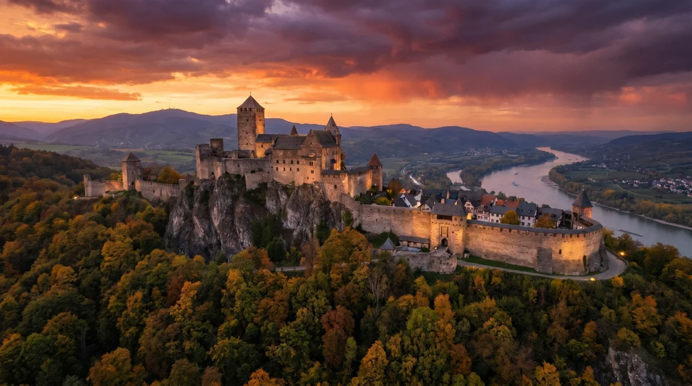 Burg Gutenberg erhebt sich 70 Meter ueber Balzers auf dem Liechtenstein Trail mit Blick ins Rheintal