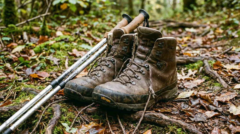 Gut eingelaufene Wanderstiefel mit Knoeechelschutz und Trekkingstaecke auf waldreichem Pfad des Liechtenstein Trails