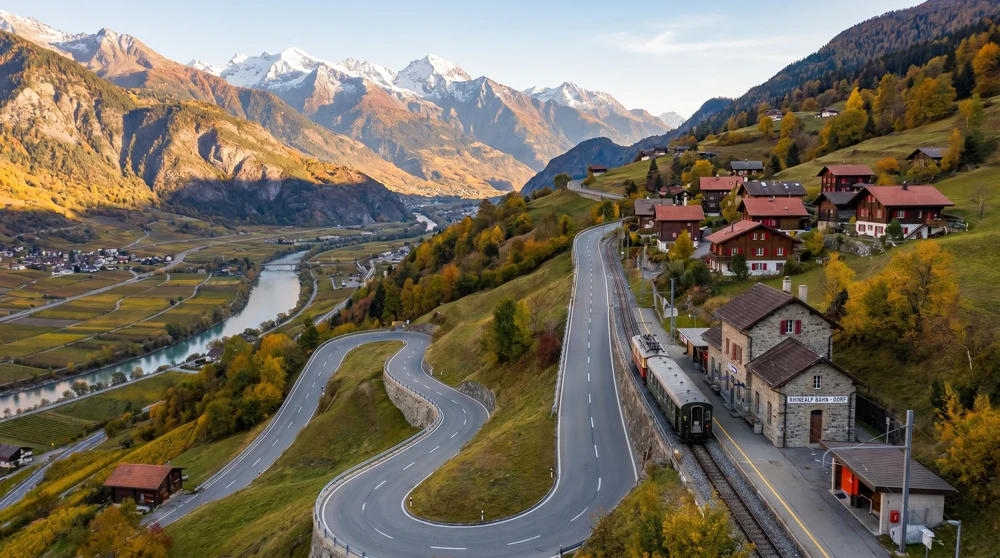Bahnhof Sargans mit Schweizer Alpen im Hintergrund