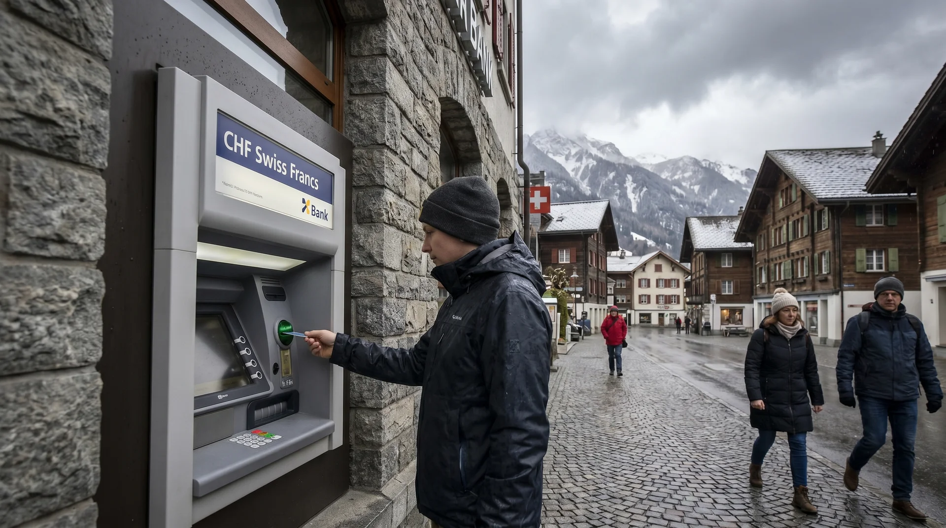 ATM machine dispensing Swiss francs in Vaduz Liechtenstein showing the CHF currency display