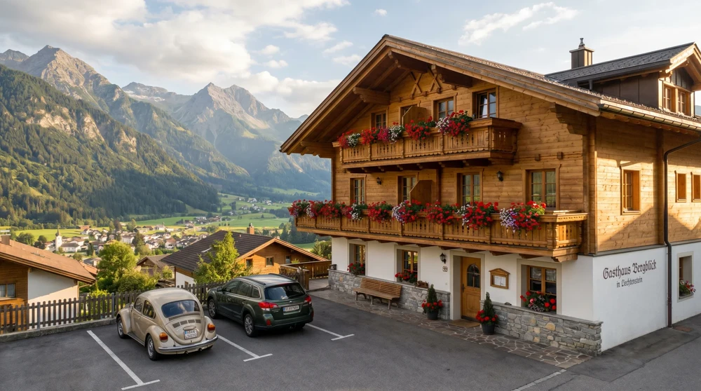 Alpine guesthouse in Schaan Liechtenstein with mountain views and wooden balconies with flower boxes