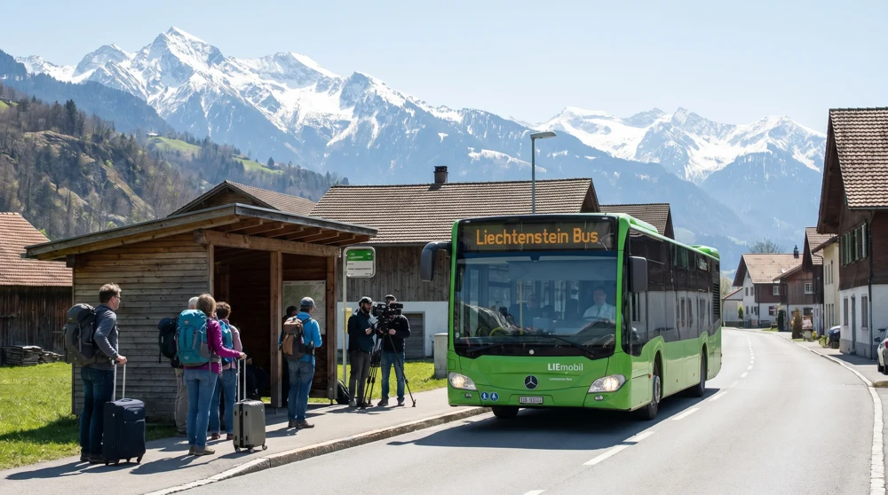 LIEmobil bus at a mountain village stop in Liechtenstein with Alpine peaks in the background