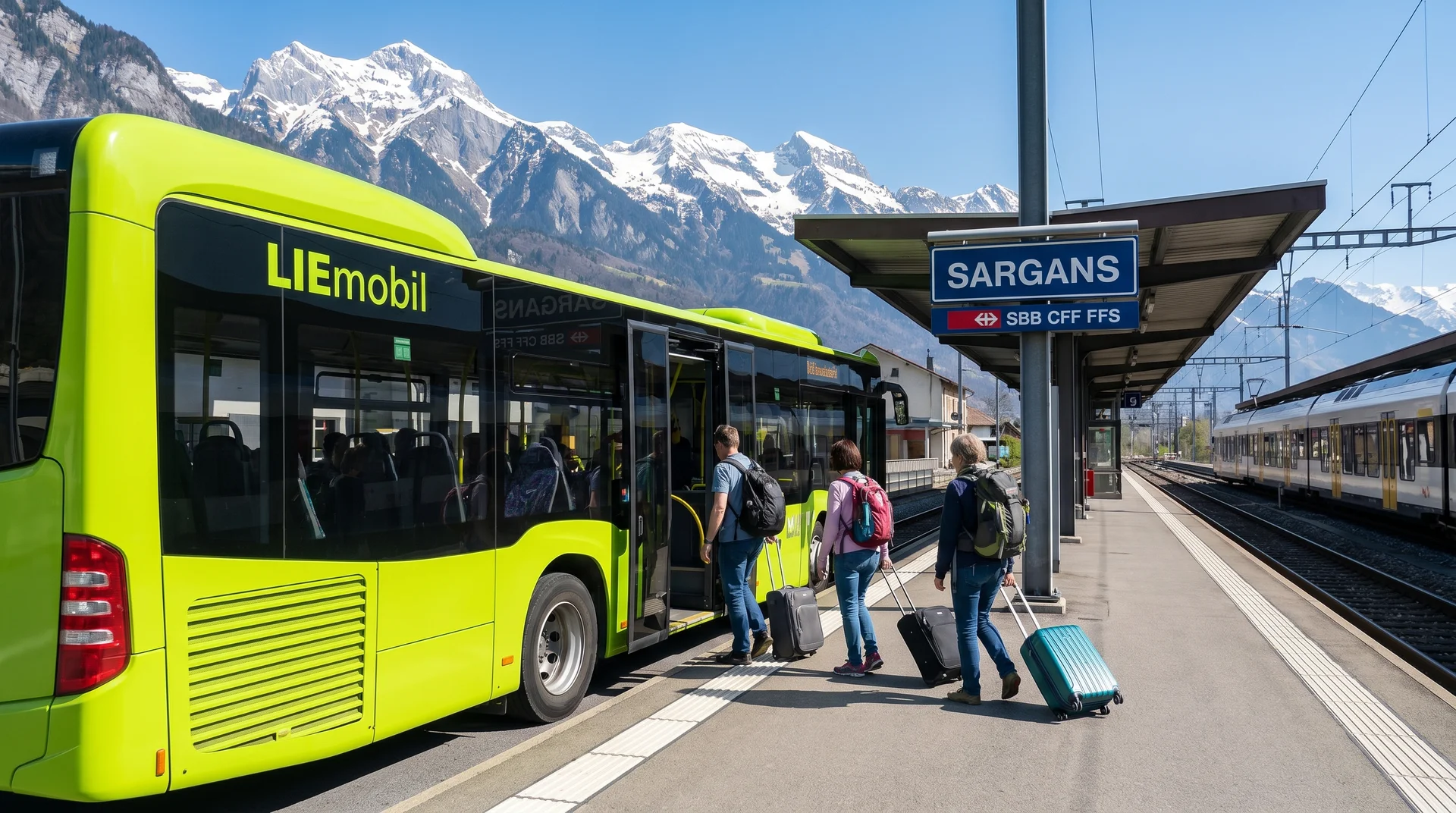 LIEmobil lime-green bus at Sargans train station with passengers boarding