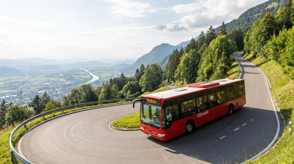 LIEmobil bus on the winding mountain road to Malbun with Rhine Valley panorama below