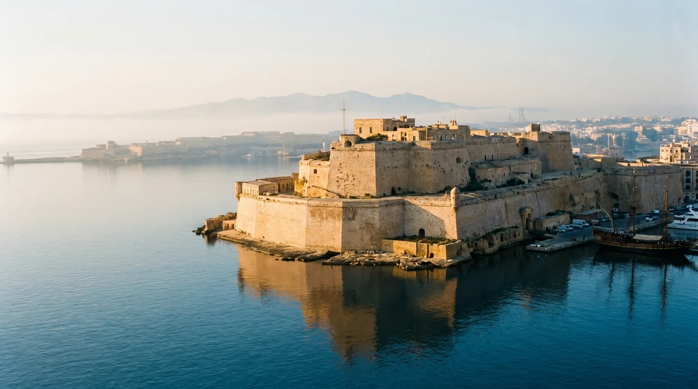 Goldene Kalksteinfestung mit Blick auf einen blauen Mittelmeerhafen bei Sonnenuntergang auf Malta