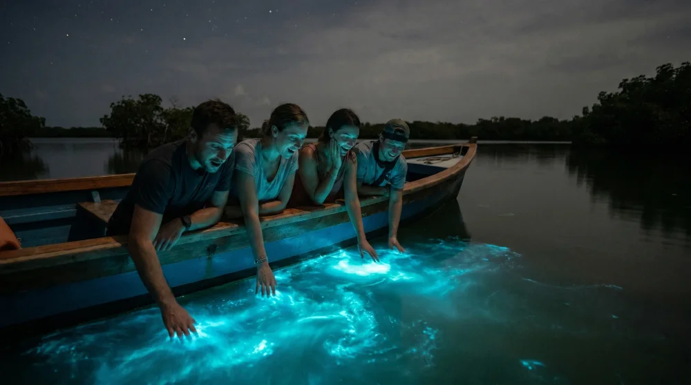 Small group of travelers on a bioluminescent night boat tour at the Luminous Lagoon near Falmouth Jamaica