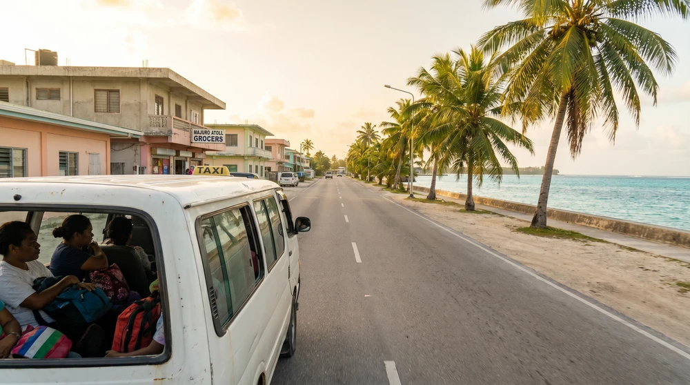 A shared taxi driving along the main road in Majuro atoll, Marshall Islands, with palm trees and the Pacific Ocean visible in the background. Golden morning light illuminates the low-rise buildings along this single connecting road.