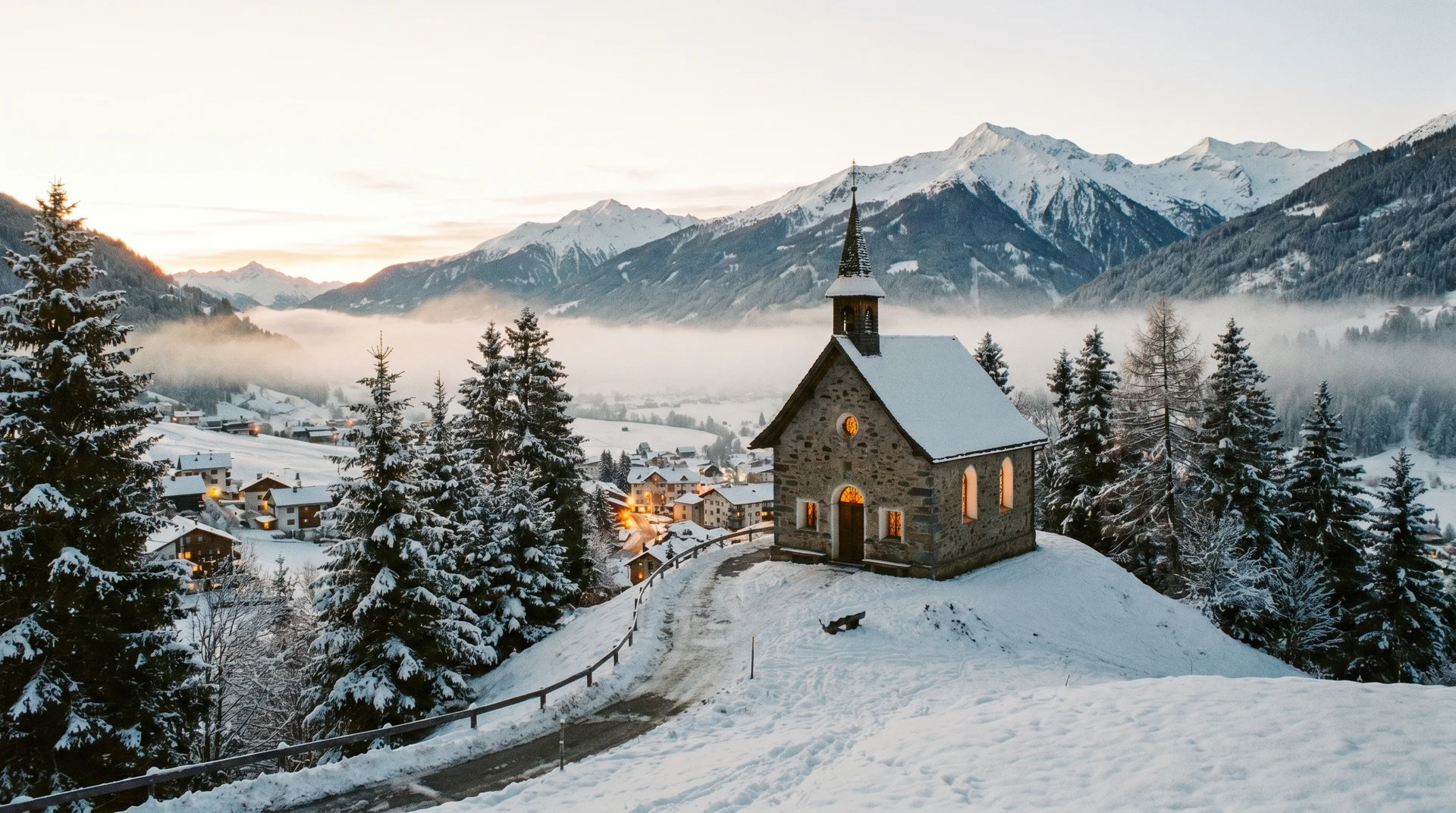 Friedenskapelle auf einem Hügel oberhalb von Malbun in Liechtenstein mit Bergblick