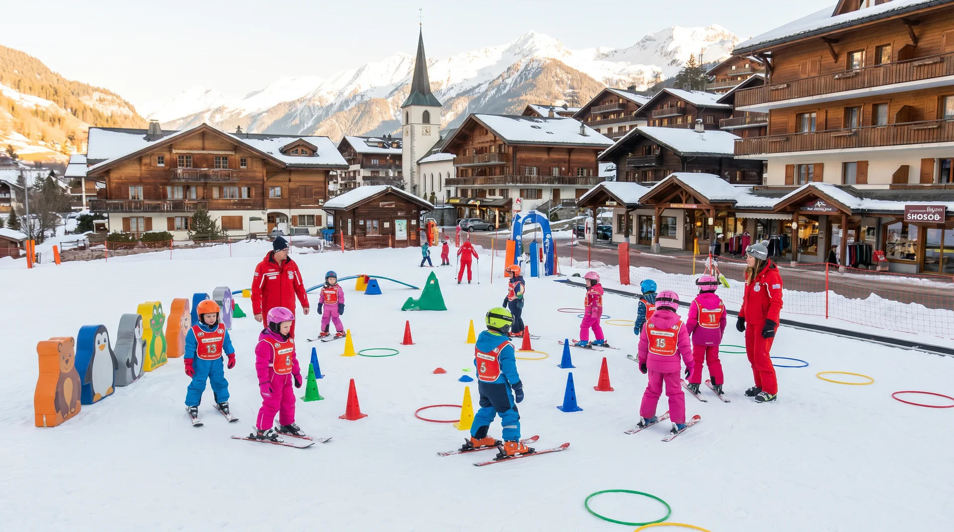 Kleine Kinder in bunter Skiausrüstung auf dem Anfängerhang im Kinderland Malbi Park in Malbun Liechtenstein