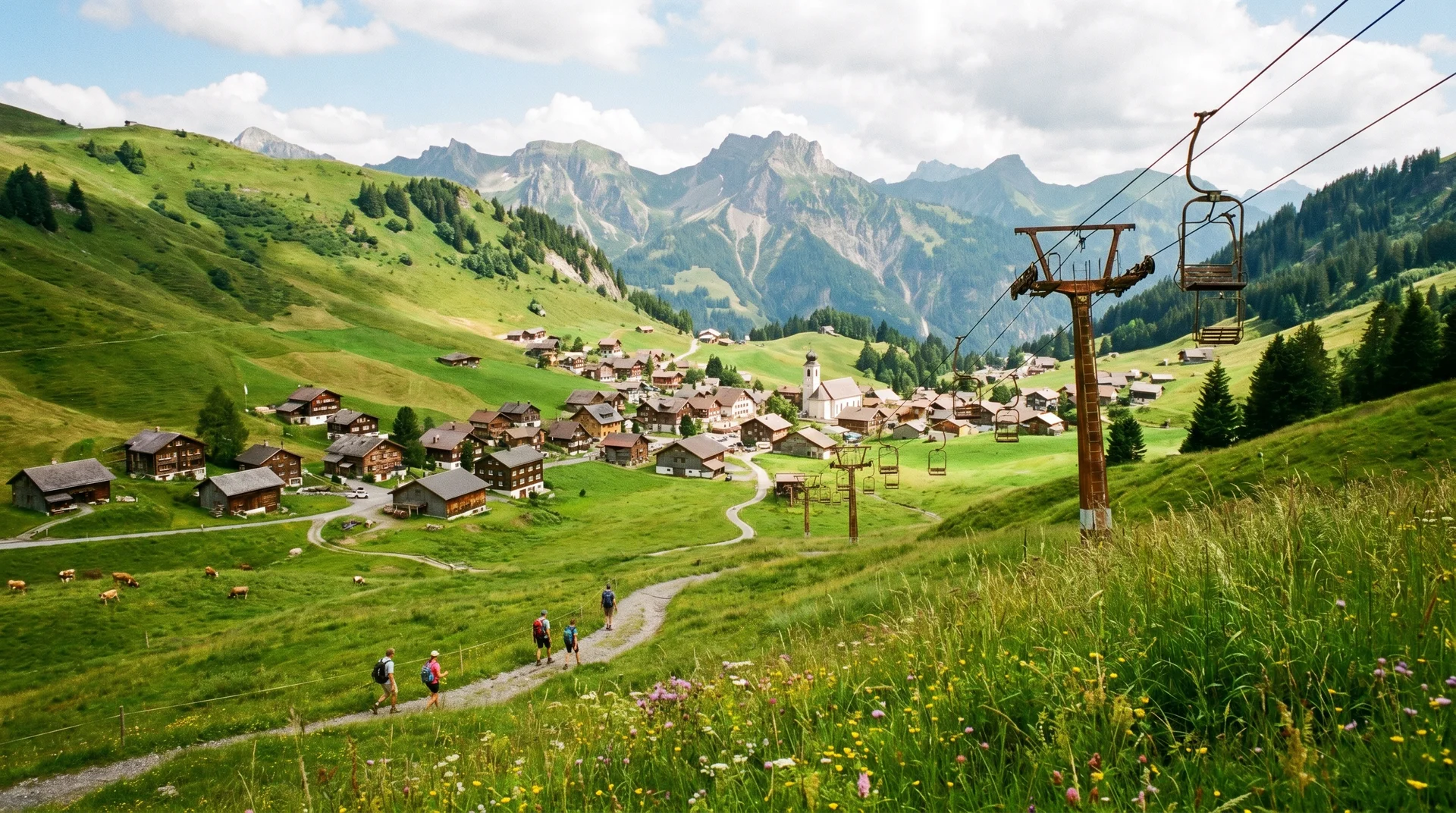 Sommerwanderer auf grünen Alpenwegen oberhalb von Malbun mit stillgelegten Sesselliftmasten in Liechtenstein