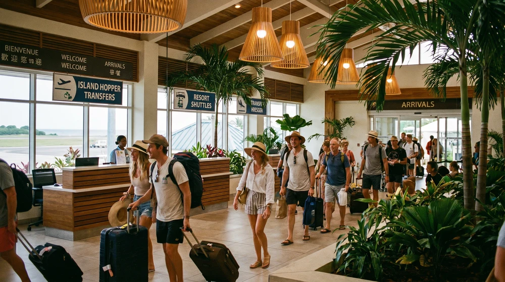 Travelers at transfer desks in a busy Maldivian airport arrivals area