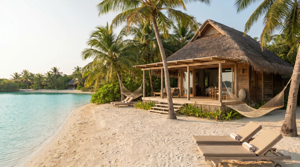 Strandvilla mit direktem Zugang zum Sand neben einer ruhigen Lagune auf den Malediven
