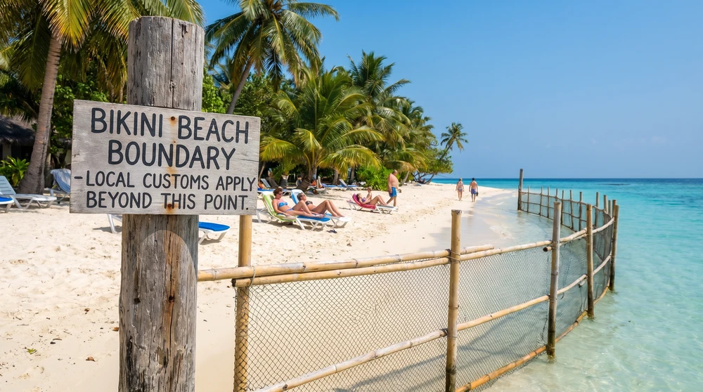 Markierung der Bikinistrand-Grenze an einer Einheimischen-Insel auf den Malediven