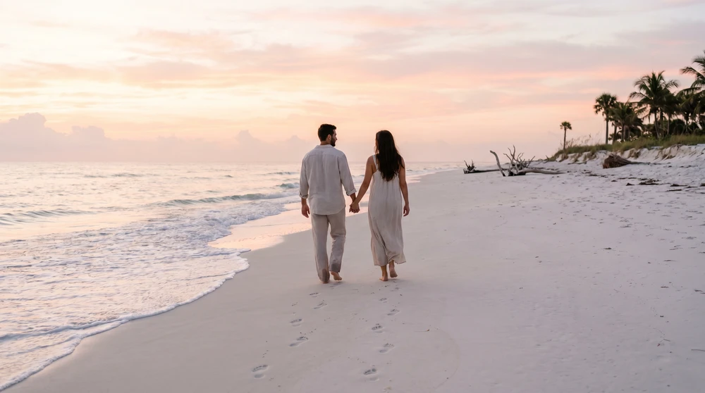 Paar spaziert bei Sonnenaufgang über einen menschenleeren weißen Sandstrand auf den Malediven