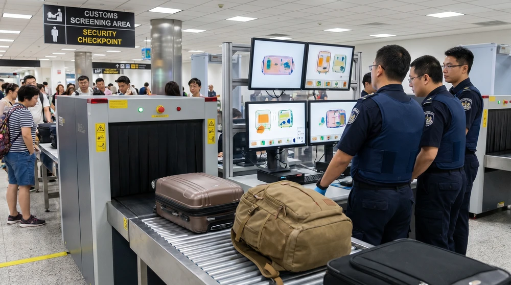 Luggage passing through an airport X-ray scanner at Maldives customs