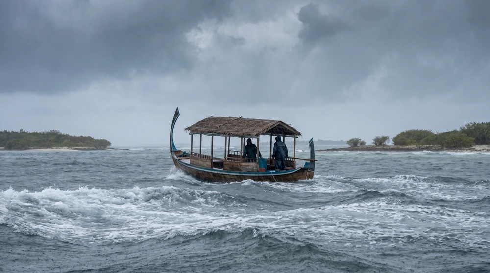 Traditional dhoni boat crossing a choppy grey sea between Maldivian islands