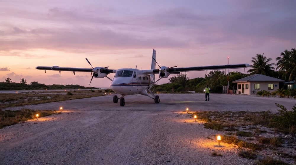 Small turboprop domestic plane on a remote Maldivian island runway at dusk