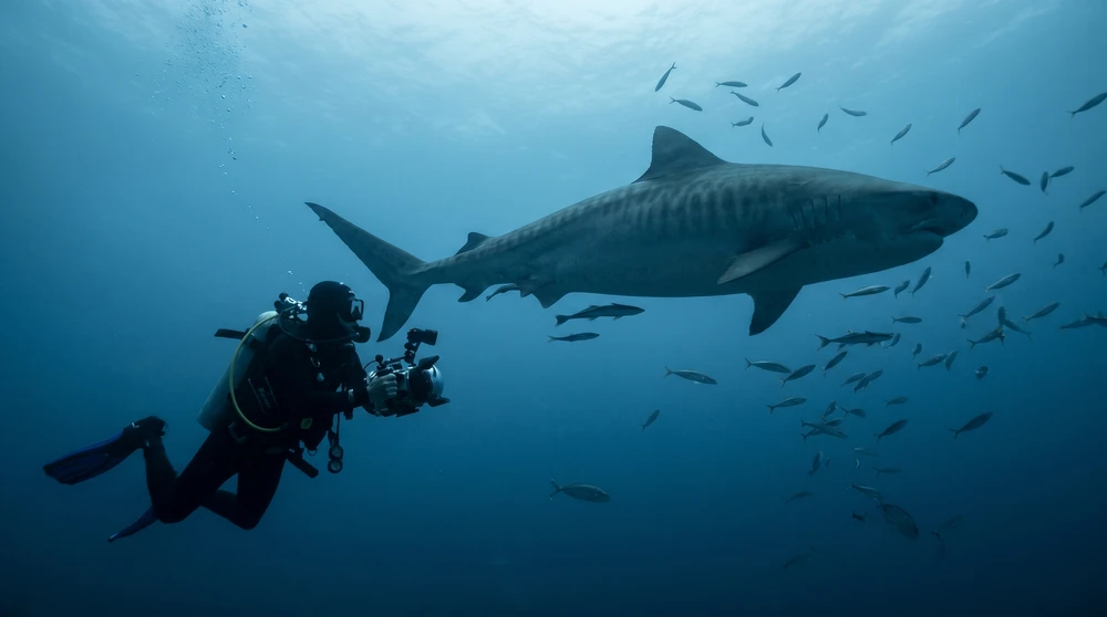 Scuba diver observing a tiger shark in deep water at Fuvahmulah in the Maldives