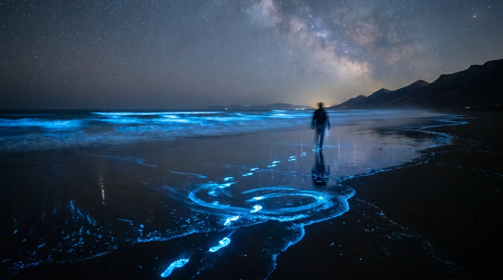 Leuchtend blaue biolumineszente Fußspuren auf einem dunklen, nassen Strand der Malediven bei Nacht