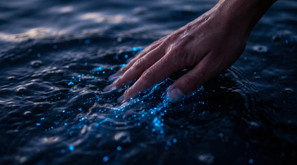 Hand gleitet durch dunkles Meerwasser der Malediven und entzündet winzige leuchtend blaue biolumineszente Punkte