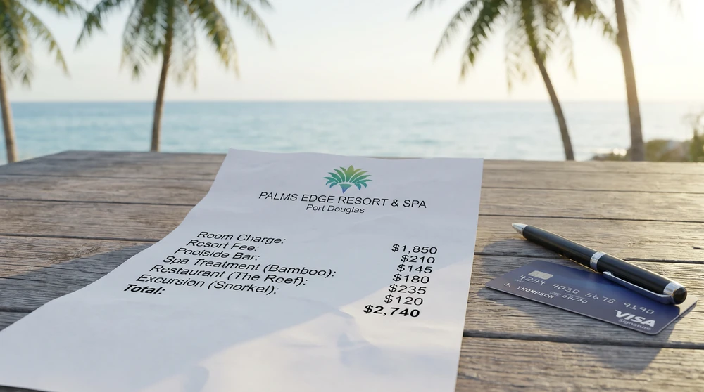 Printed hotel invoice with extra tax charges at a Maldives resort