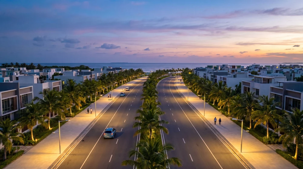 Wide palm-lined avenue in Hulhumale at dusk in the Maldives