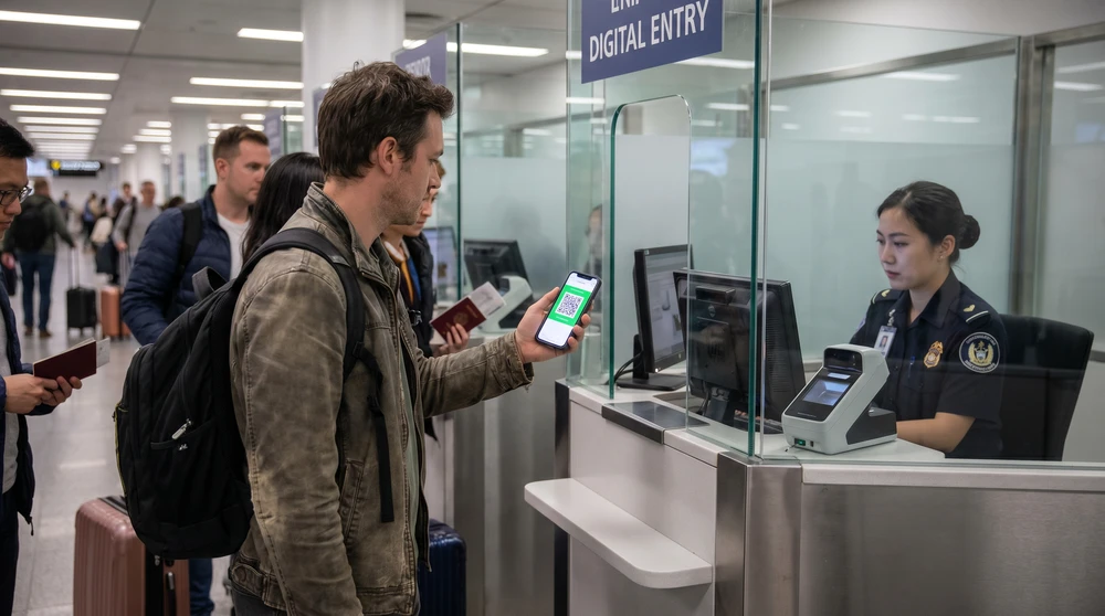 Traveler presenting an IMUGA QR code at a Maldives airport immigration desk