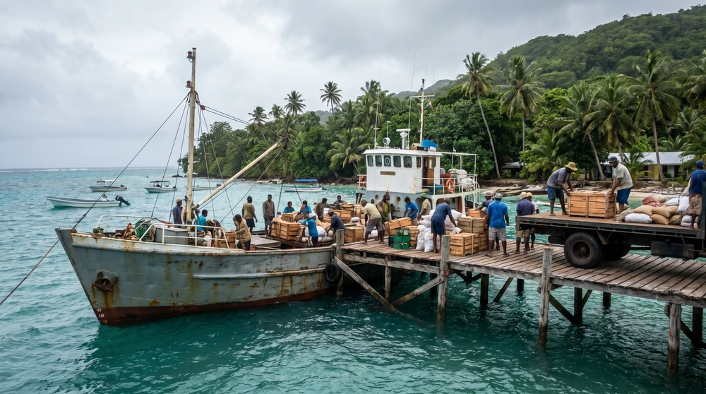 Versorgungsboot lädt Proviantkisten an einem kleinen maledivischen Inselsteg aus