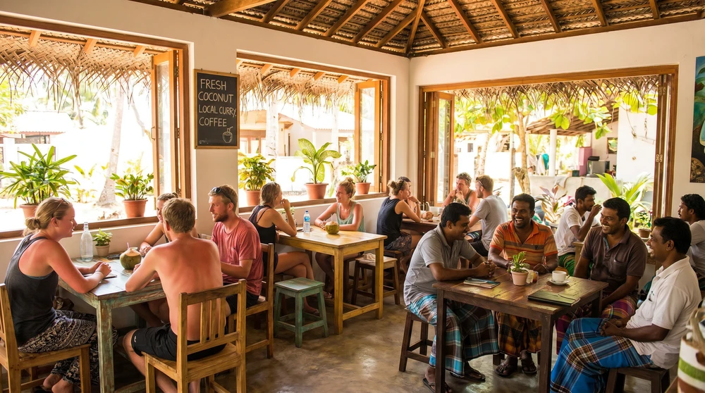 Lively local-island guesthouse cafe with travelers and locals in the Maldives