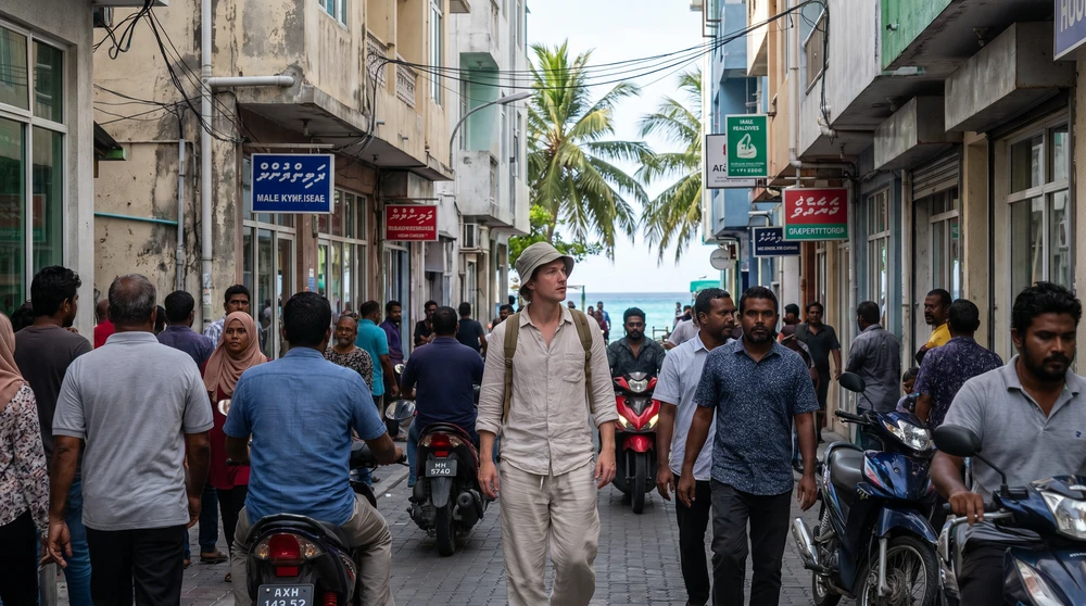 Reisende in dezenter Kleidung auf einer Straße in Malé auf den Malediven