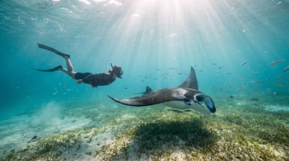 Snorkeler swimming beside a large manta ray in clear Maldivian water