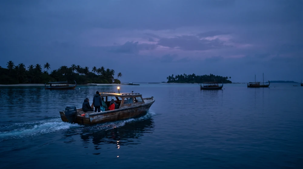 Speedboot überquert in der Dämmerung eine ruhige dunkle Lagune auf den Malediven