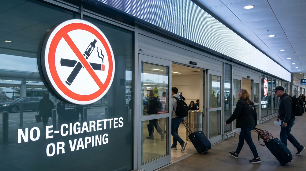 Prohibition sign banning vapes and e-cigarettes at a Maldives airport