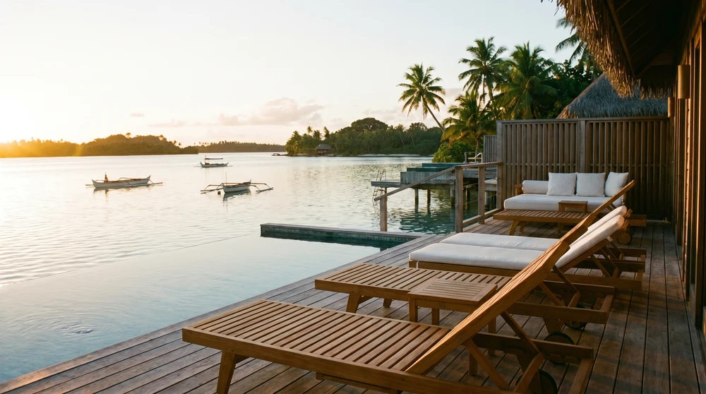 Quiet overwater villa deck overlooking a still lagoon at golden hour
