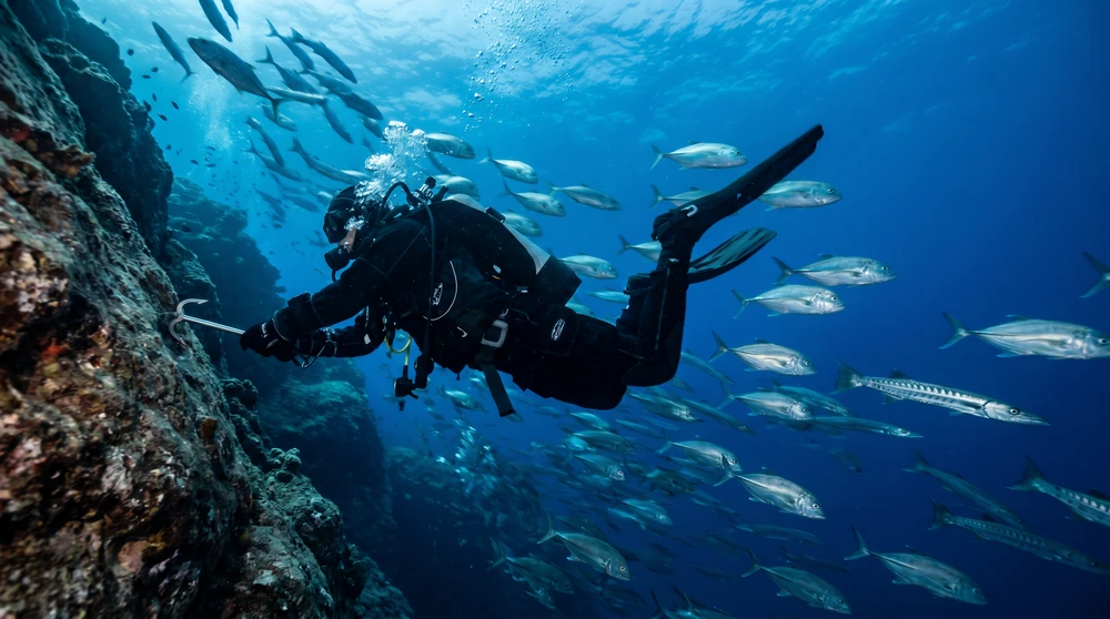 Scuba diver using a reef hook in strong current on a channel wall in the Maldives