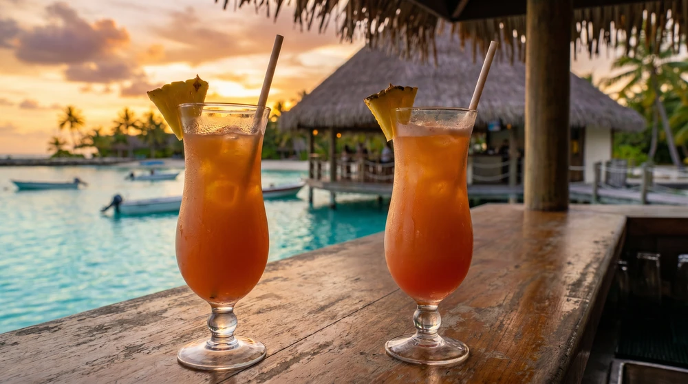 Chilled tropical drink on a resort bar counter overlooking a Maldives lagoon at sunset
