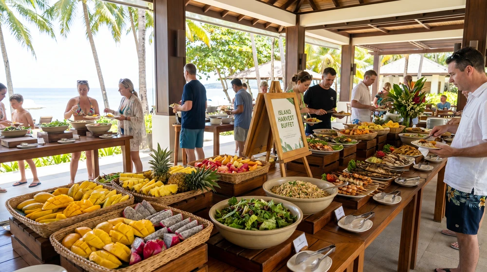 Colorful Maldives resort buffet with tropical fruit, salads and grilled seafood