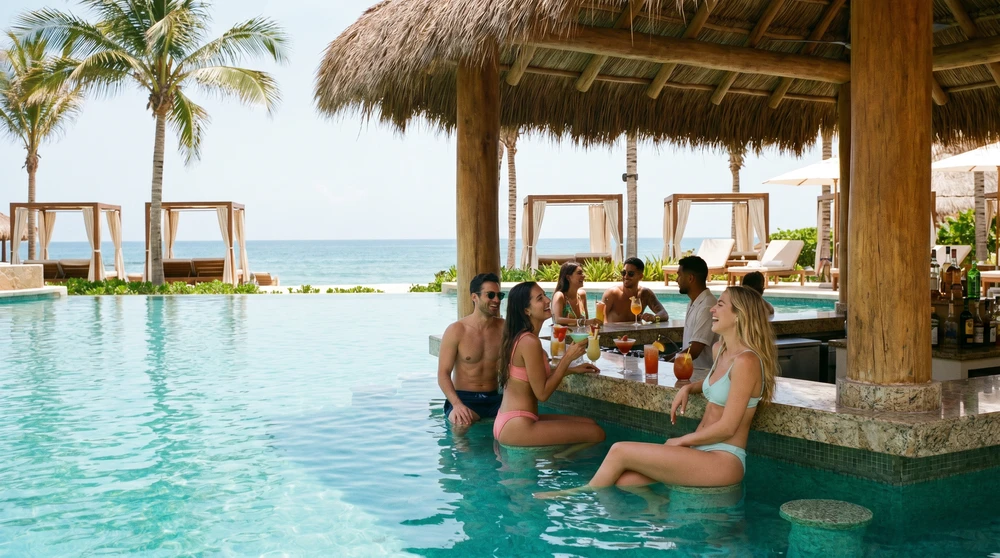 Swim-up bar at a luxury resort pool with cocktails in the Maldives