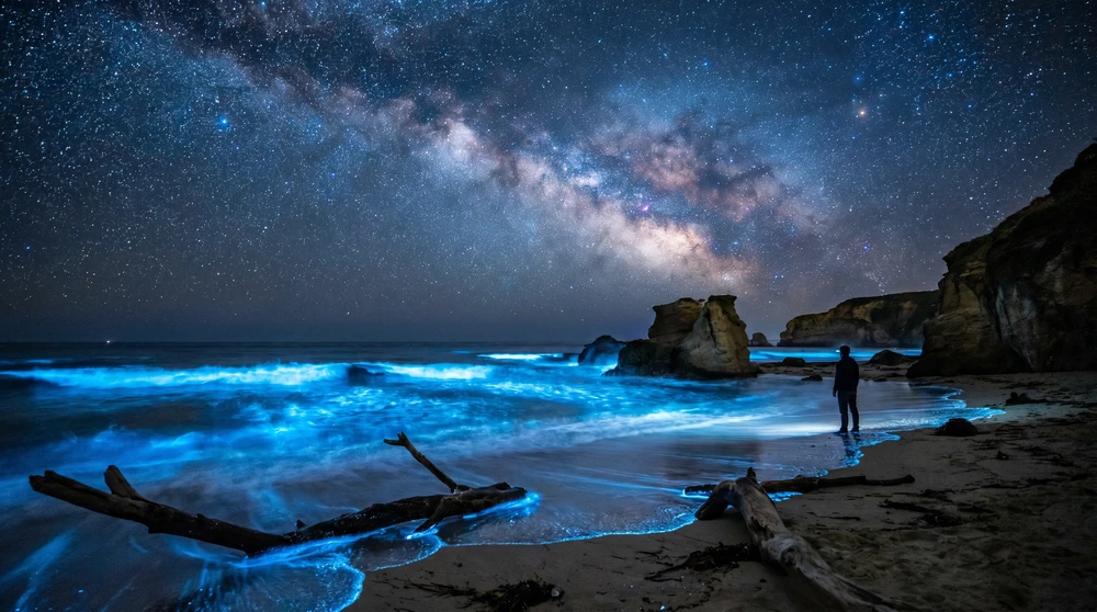 Leuchtend blaue biolumineszente Wellen unter einem sternenübersäten Himmel an einer abgelegenen Küste der Malediven